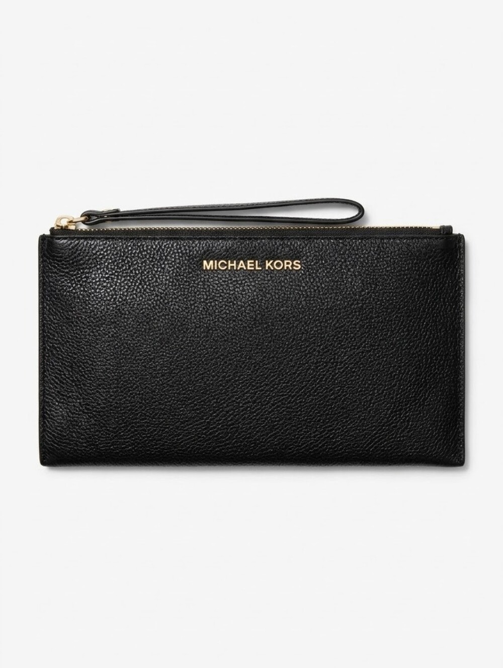 Michael Kors Large Black Pebbled Leather Zip Wristlet with Gold Logo